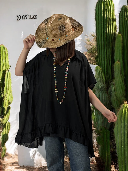 SERENA - BLOUSE NOIRE OVERSIZE EN COTON JUSQU'A LA TAILLE 56