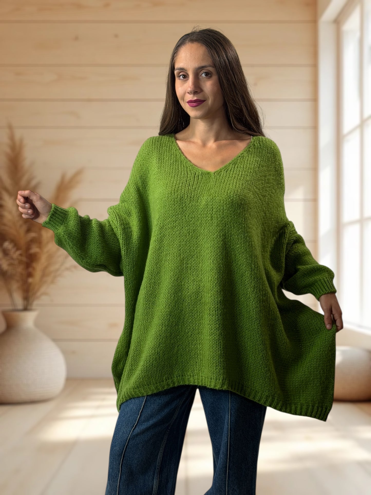 RICKOU - PULL OVERSIZE VERT MOTIF SOLEIL JUSQU'A LA TAILLE 56