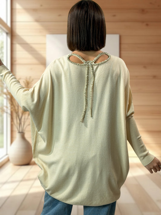 ANAIS - PULL BEIGE NOEUD EN STRASS DANS LE DOS JUSQU'A LA TAILLE 52/54