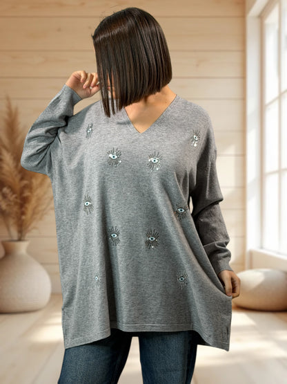 RITA - PULL OVERSIZE GRIS AVEC OEIL EN SEQUINS JUSQU'A LA TAILLE 54
