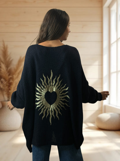 RICKOU - PULL OVERSIZE NOIR MOTIF SOLEIL JUSQU'A LA TAILLE 56