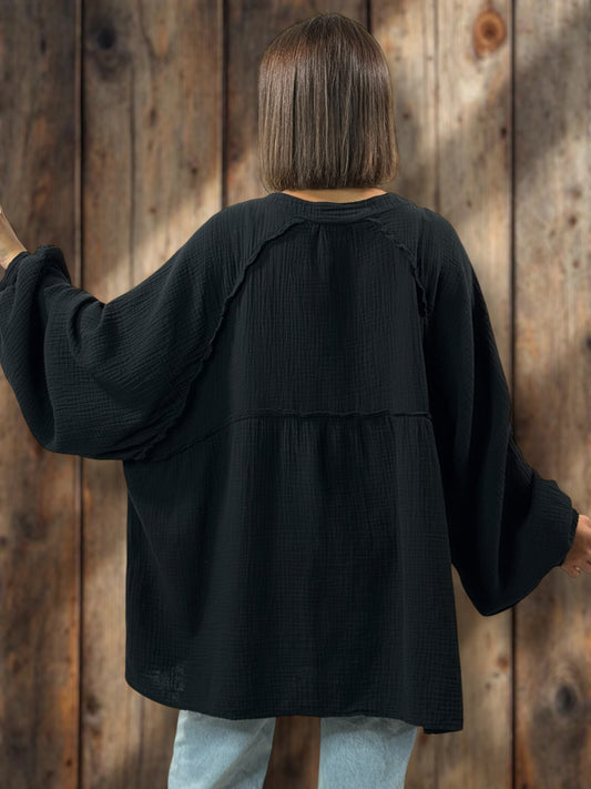 TIRAMISU - CHEMISE OVERSIZE NOIRE EN GAZE DE COTON JUSQU'A LA TAILLE 56