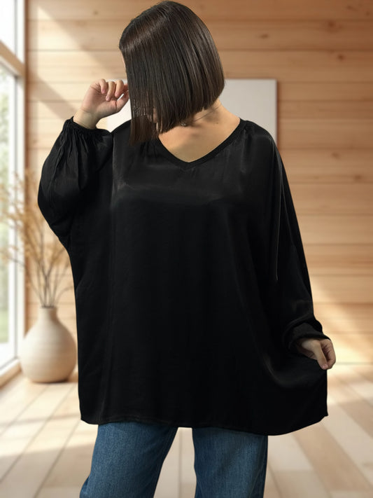 BARBARA - TUNIQUE NOIRE OVERSIZE ASPECT SOIE JUSQU'A LA TAILLE 52