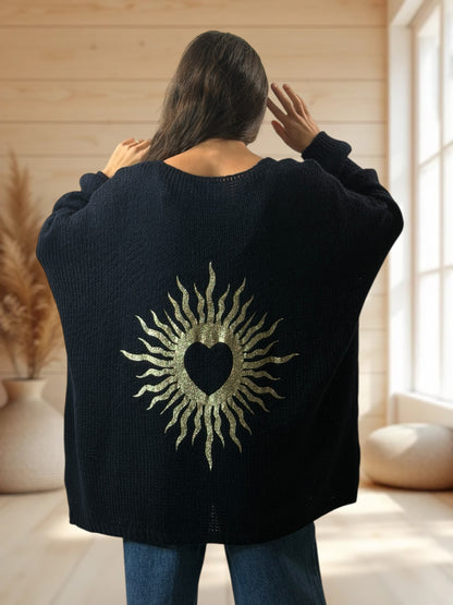 RICKOU - PULL OVERSIZE NOIR MOTIF SOLEIL JUSQU'A LA TAILLE 56