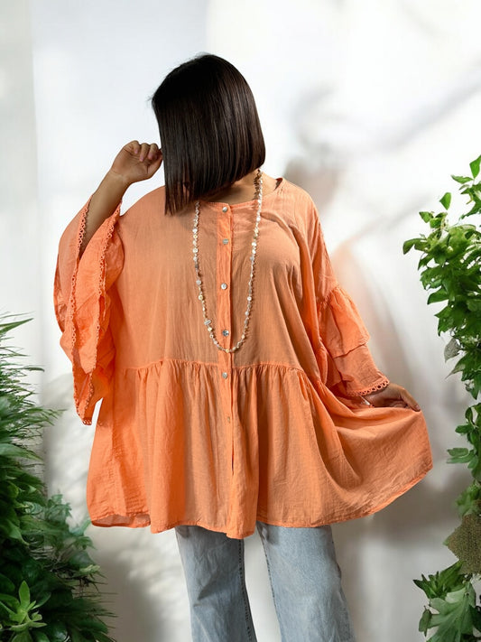 CORALINE - BLOUSE OVERSIZE ORANGE EN COTON JUSQU'A LA TAILLE 52/54