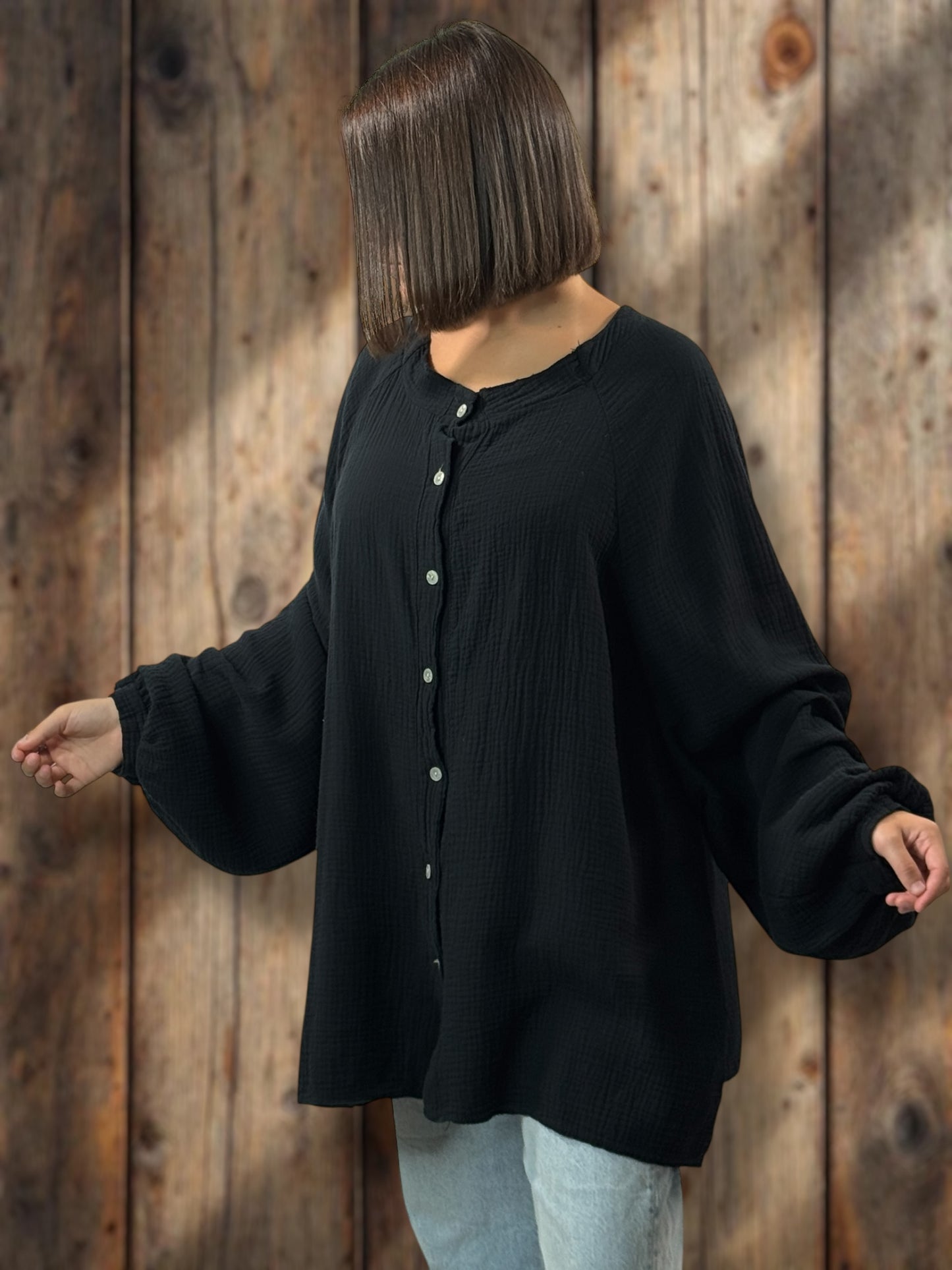 TIRAMISU - CHEMISE OVERSIZE NOIRE EN GAZE DE COTON JUSQU'A LA TAILLE 56
