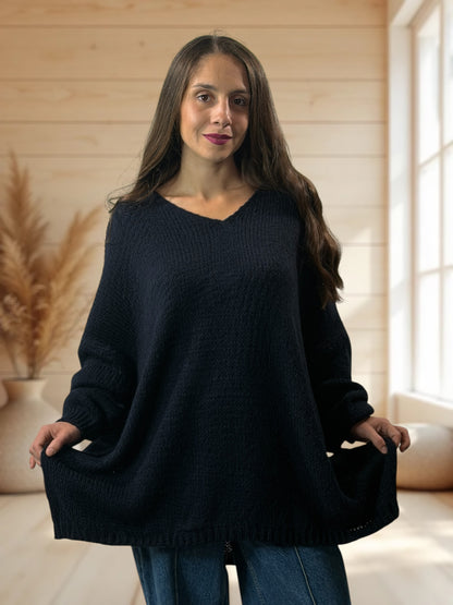 RICKOU - PULL OVERSIZE NOIR MOTIF SOLEIL JUSQU'A LA TAILLE 56