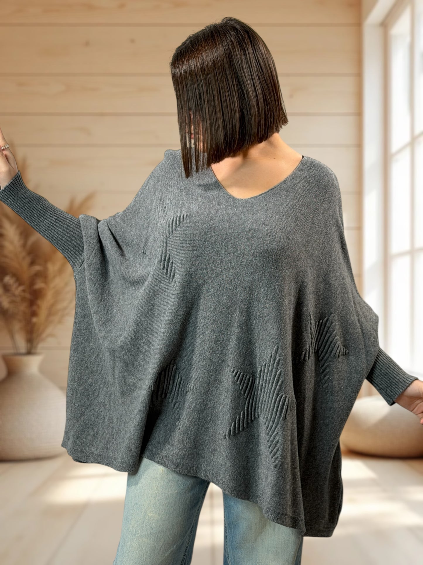 ZAZA - PULL OVERSIZE GRIS MOTIF ETOILE JUSQU'A LA TAILLE 56