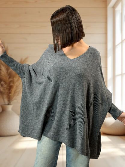 ZAZA - PULL OVERSIZE GRIS MOTIF ETOILE JUSQU'A LA TAILLE 56