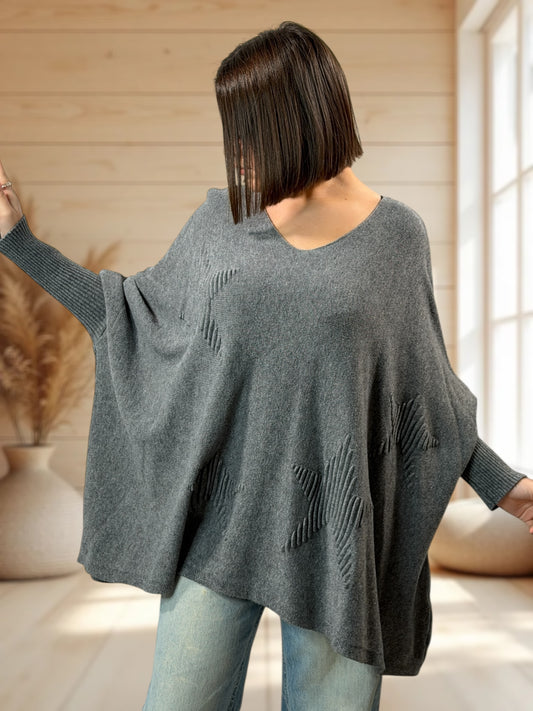 ZAZA - PULL OVERSIZE GRIS MOTIF ETOILE JUSQU'A LA TAILLE 56