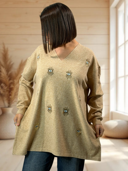 RITA - PULL OVERSIZE CAMEL AVEC OEIL EN SEQUINS JUSQU'A LA TAILLE 54