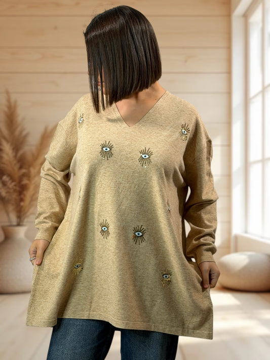 RITA - PULL OVERSIZE CAMEL AVEC OEIL EN SEQUINS JUSQU'A LA TAILLE 54