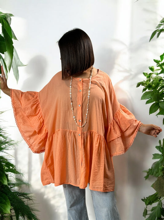 CORALINE - BLOUSE OVERSIZE ORANGE EN COTON JUSQU'A LA TAILLE 52/54