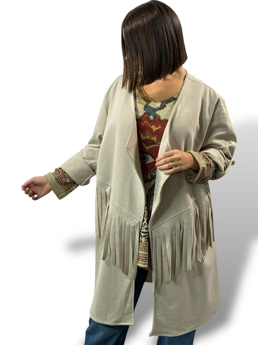 FERIA - VESTE BEIGE A FRANGE OVERSIZE JUSQU'A LA TAILLE 52/54