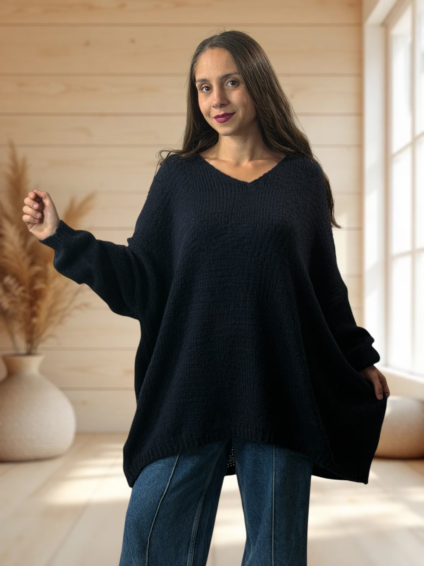 RICKOU - PULL OVERSIZE NOIR MOTIF SOLEIL JUSQU'A LA TAILLE 56