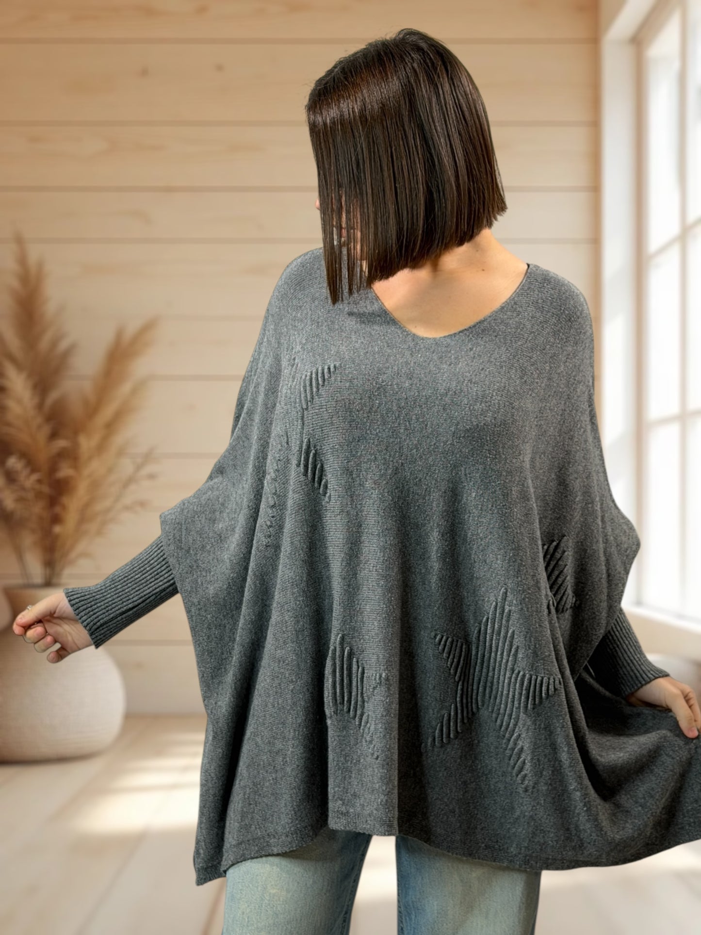 ZAZA - PULL OVERSIZE GRIS MOTIF ETOILE JUSQU'A LA TAILLE 56