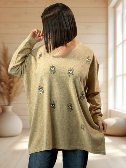 RITA - PULL OVERSIZE CAMEL AVEC OEIL EN SEQUINS JUSQU'A LA TAILLE 54