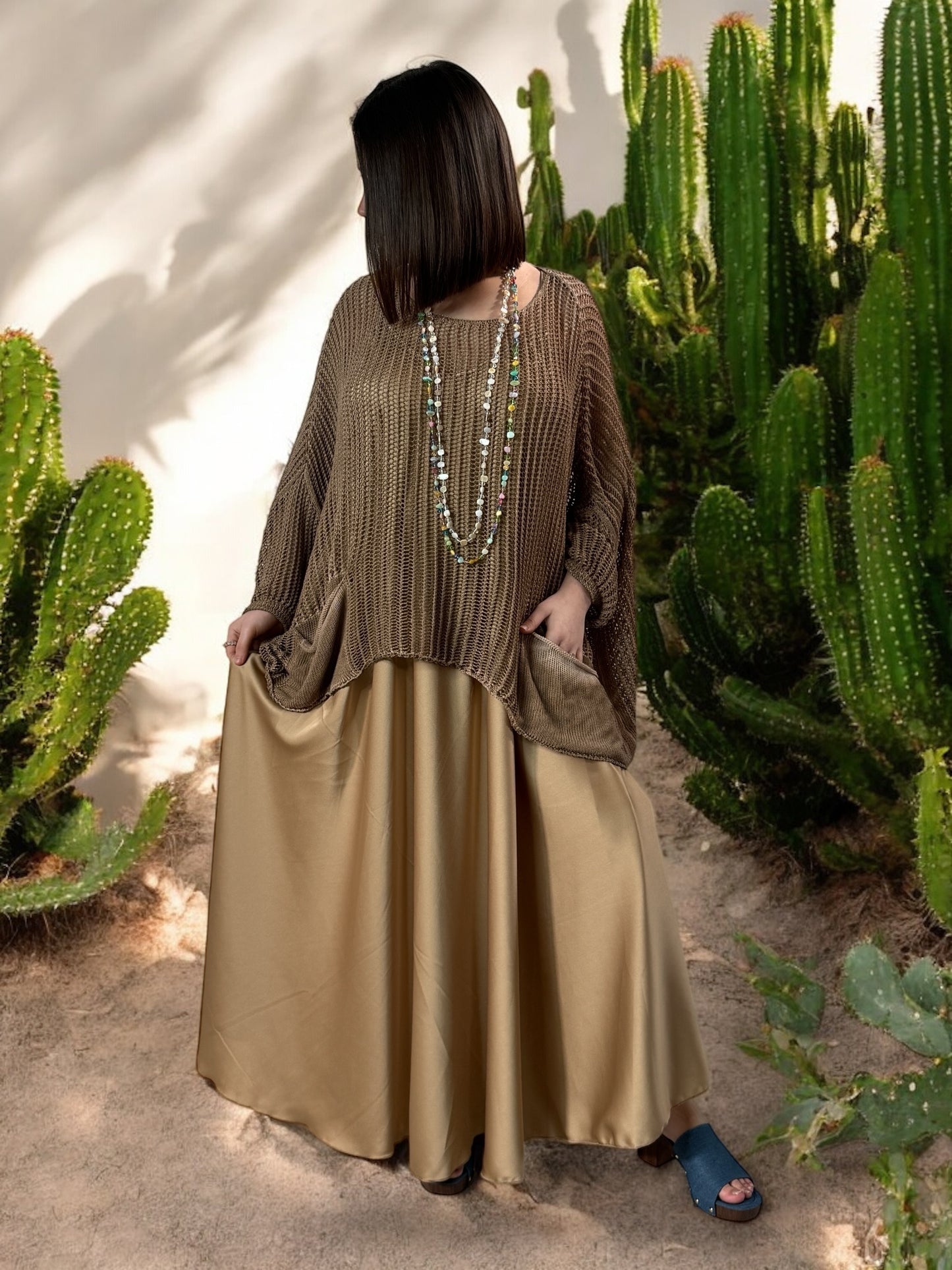 TIPHAINE - ROBE AMPLE FLUIDE CAMEL JUSQU'A LA TAILLE 50/52