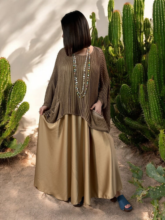 TIPHAINE - ROBE AMPLE FLUIDE CAMEL JUSQU'A LA TAILLE 50/52