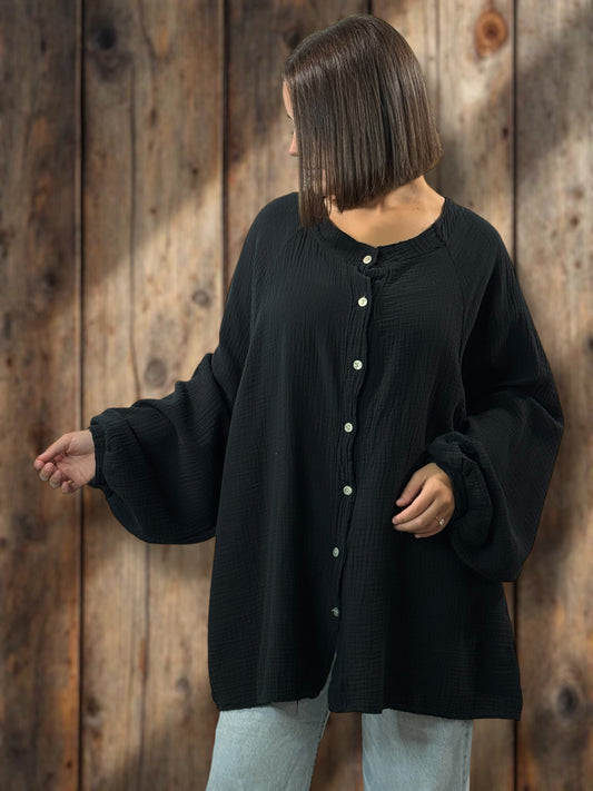 TIRAMISU - CHEMISE OVERSIZE NOIRE EN GAZE DE COTON JUSQU'A LA TAILLE 56