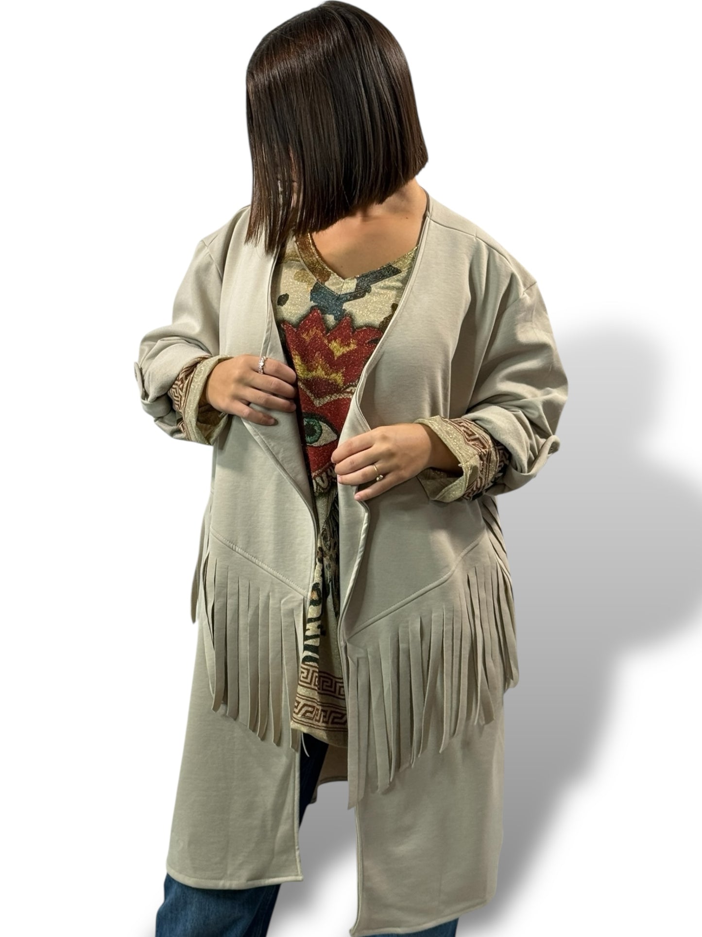 FERIA - VESTE BEIGE A FRANGE OVERSIZE JUSQU'A LA TAILLE 52/54