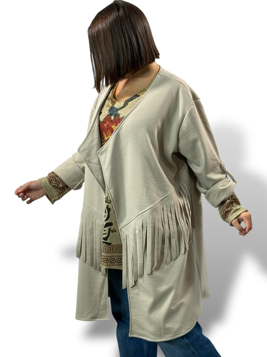 FERIA - VESTE BEIGE A FRANGE OVERSIZE JUSQU'A LA TAILLE 52/54