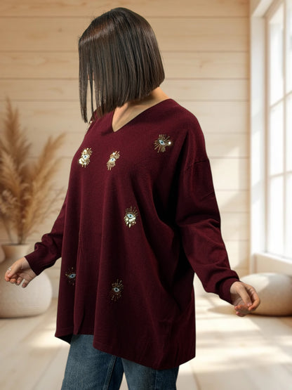 RITA - PULL OVERSIZE BORDEAUX AVEC OEIL EN SEQUINS JUSQU'A LA TAILLE 54