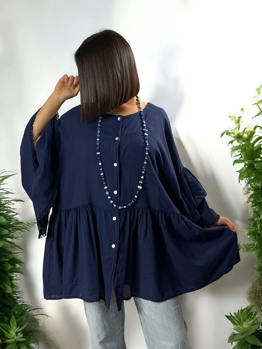 CORALINE - BLOUSE OVERSIZE MARINE EN COTON JUSQU'A LA TAILLE 52/54