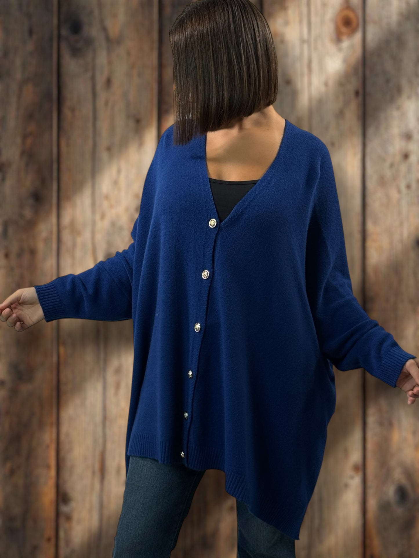 MATHILDE - GILET OVERSIZE BLEU JUSQU'A LA TAILLE 56/58