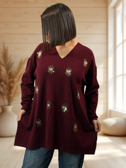 RITA - PULL OVERSIZE BORDEAUX AVEC OEIL EN SEQUINS JUSQU'A LA TAILLE 54
