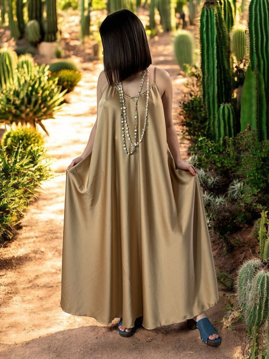 TIPHAINE - ROBE AMPLE FLUIDE CAMEL JUSQU'A LA TAILLE 50/52