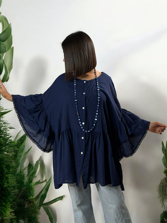 CORALINE - BLOUSE OVERSIZE MARINE EN COTON JUSQU'A LA TAILLE 52/54