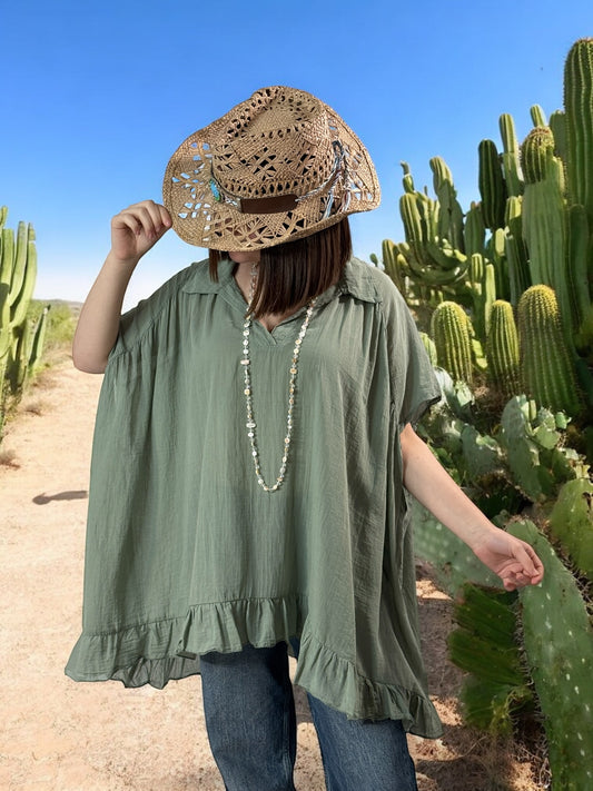 SERENA - BLOUSE KAKI OVERSIZE EN COTON JUSQU'A LA TAILLE 56