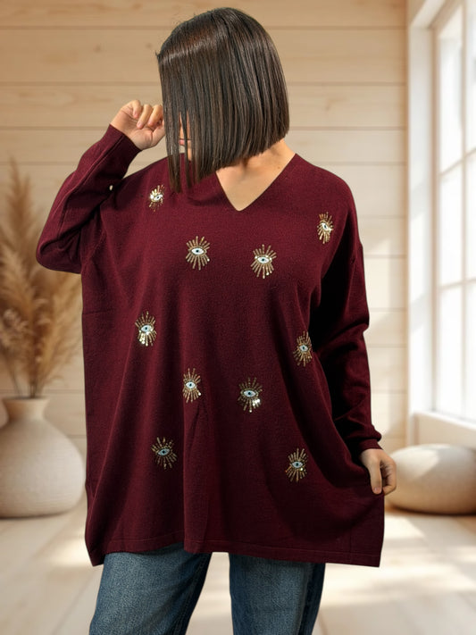 RITA - PULL OVERSIZE BORDEAUX AVEC OEIL EN SEQUINS JUSQU'A LA TAILLE 54