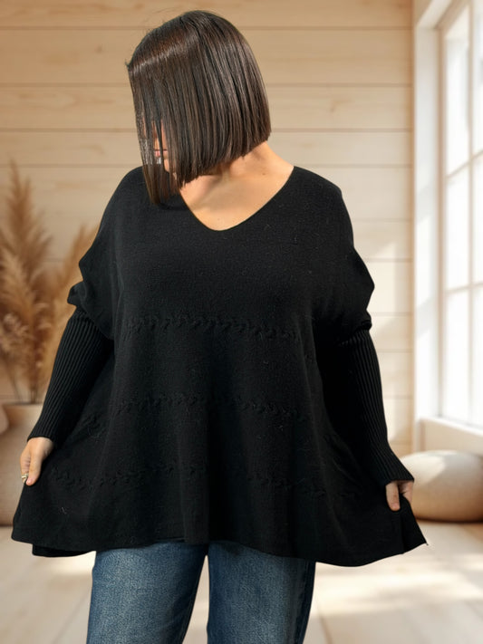 ELODIE - PULL OVERSIZE NOIR JUSQU'A LA TAILLE 52/54