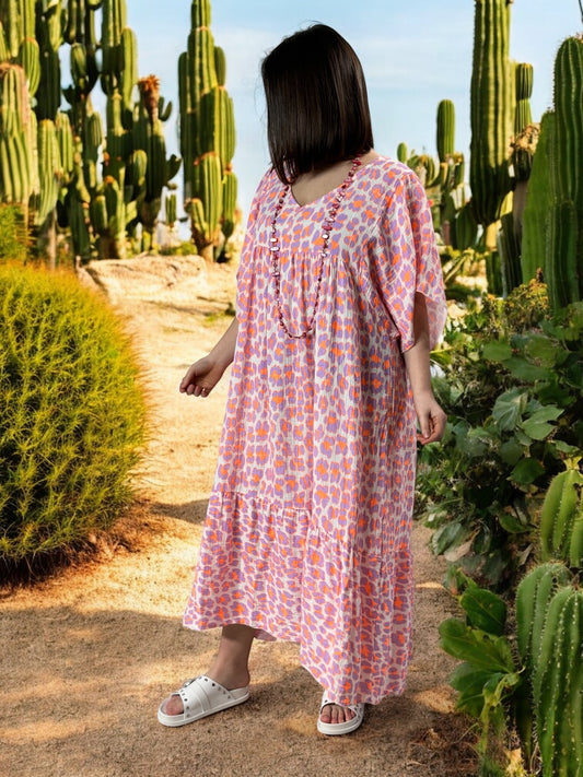 MADO - ROBE LEOPARD LILAS ORANGE BOHEME JUSQU'A LA TAILLE 56