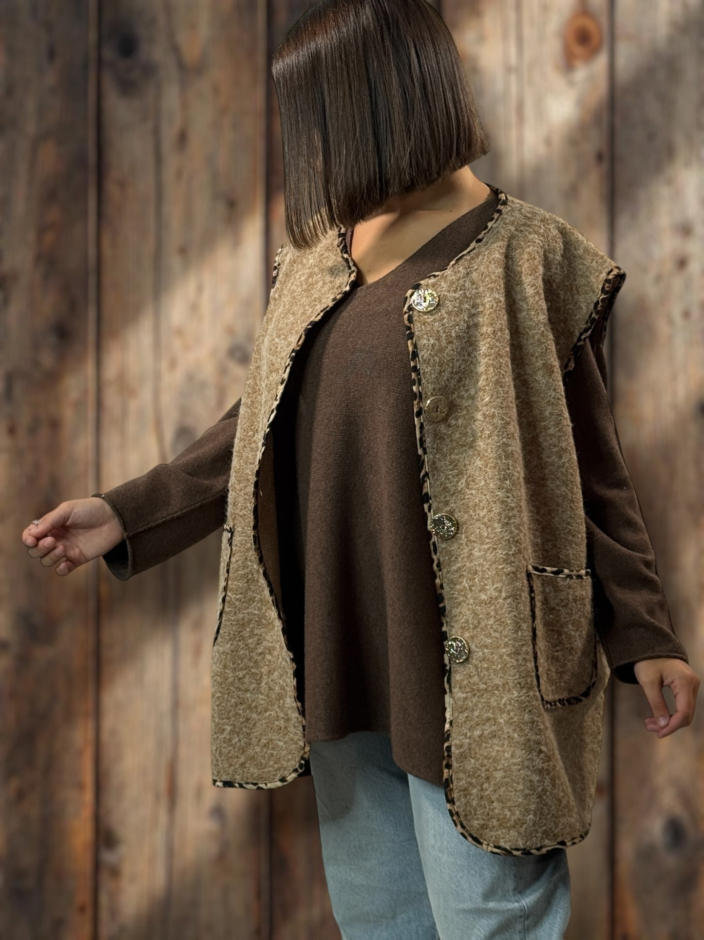 PAULO - GILET CAMEL SANS MANCHES JUSQU'A LA TAILLE 52/54