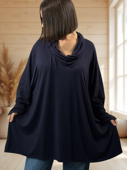 ABIGAIL - PULL OVERSIZE MARINE EN MAILLE FLUIDE JUSQU'A LA TAILLE 56