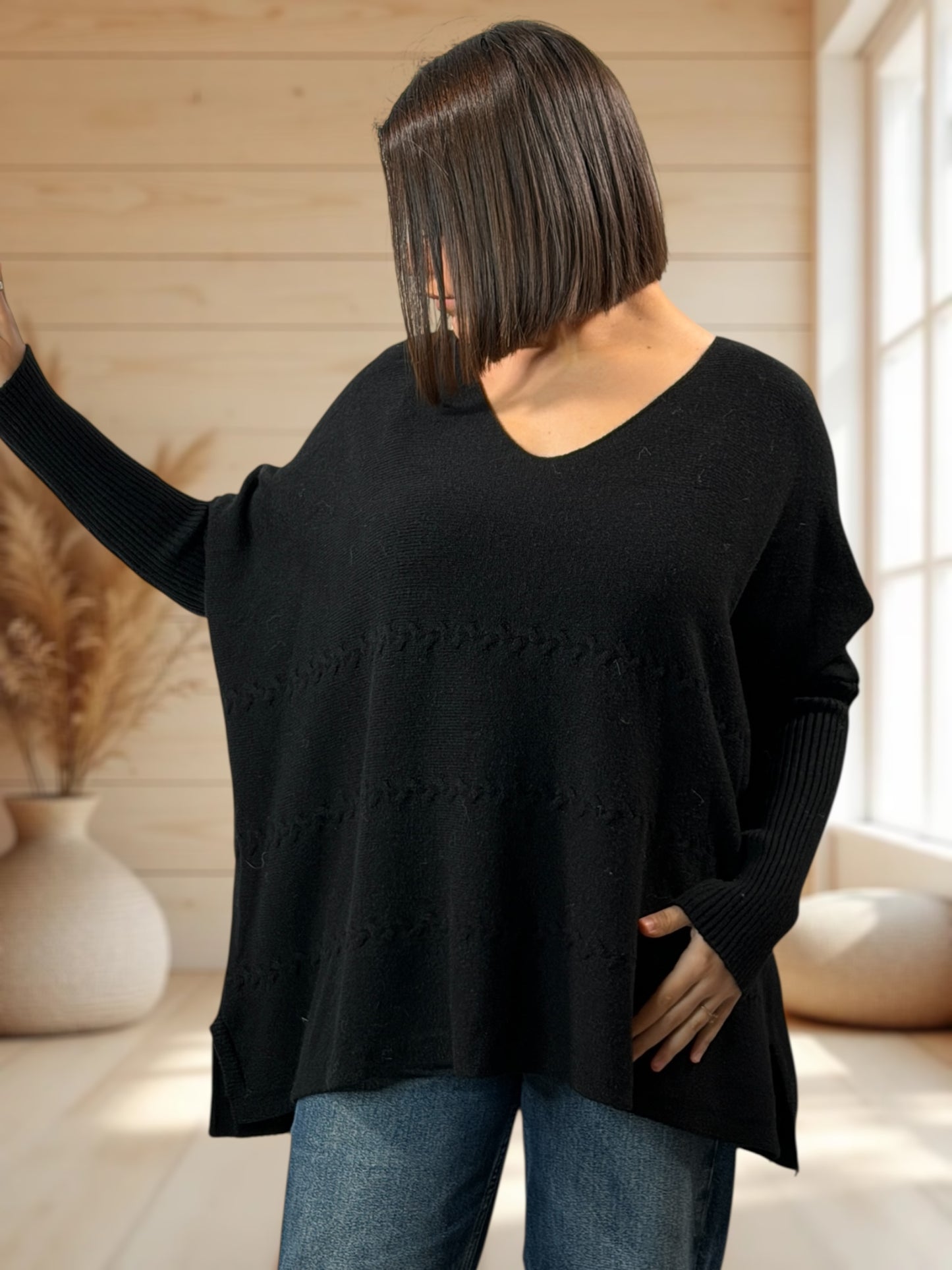 ELODIE - PULL OVERSIZE NOIR JUSQU'A LA TAILLE 52/54