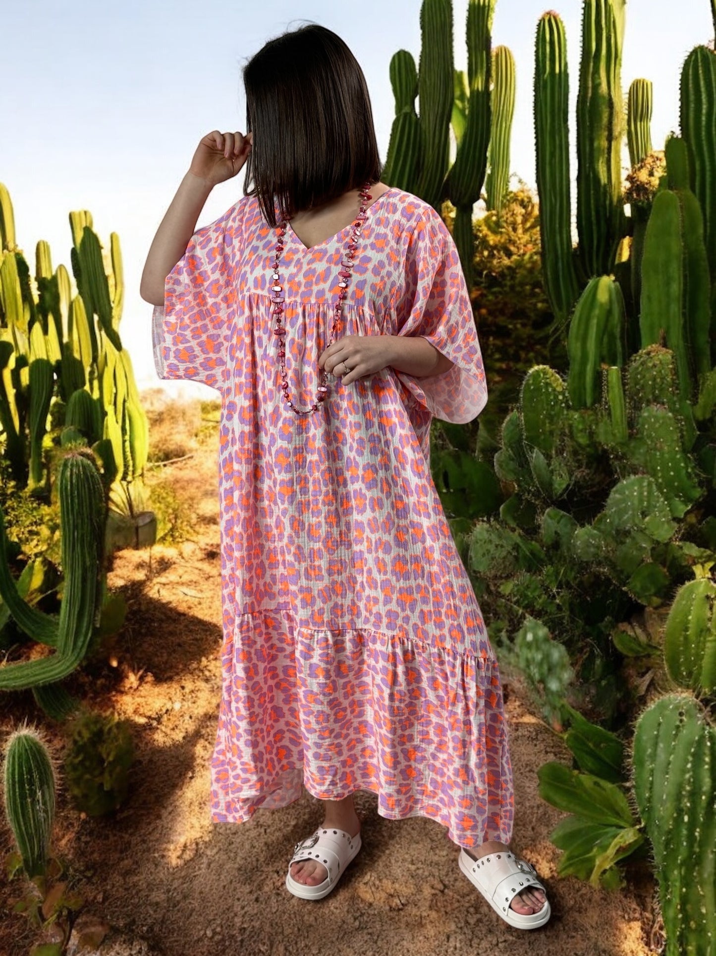MADO - ROBE LEOPARD LILAS ORANGE BOHEME JUSQU'A LA TAILLE 56