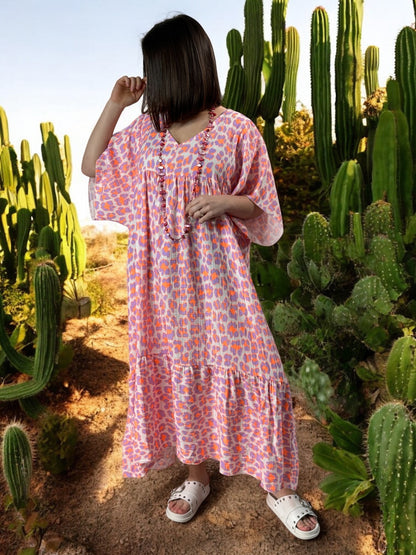 MADO - ROBE LEOPARD LILAS ORANGE BOHEME JUSQU'A LA TAILLE 56
