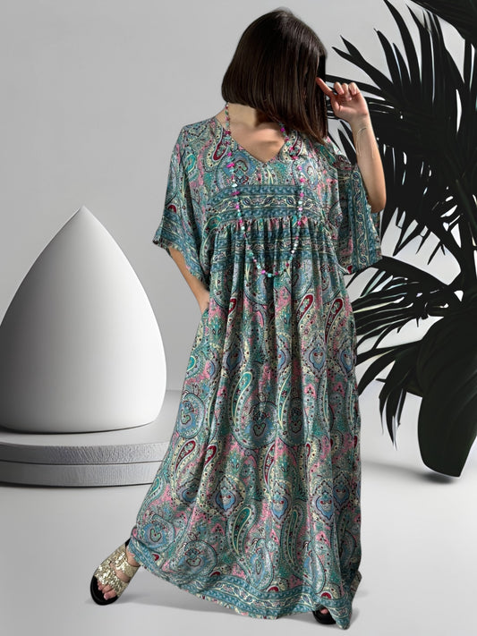 MATHILDA - ROBE LONGUE BOHEME ASPECT SOIE JUSQU'A LA TAILLE 54. REF21