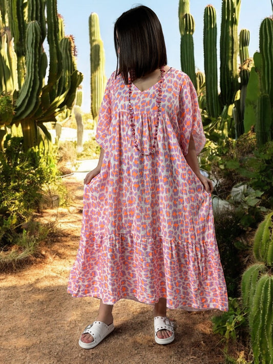 MADO - ROBE LEOPARD LILAS ORANGE BOHEME JUSQU'A LA TAILLE 56