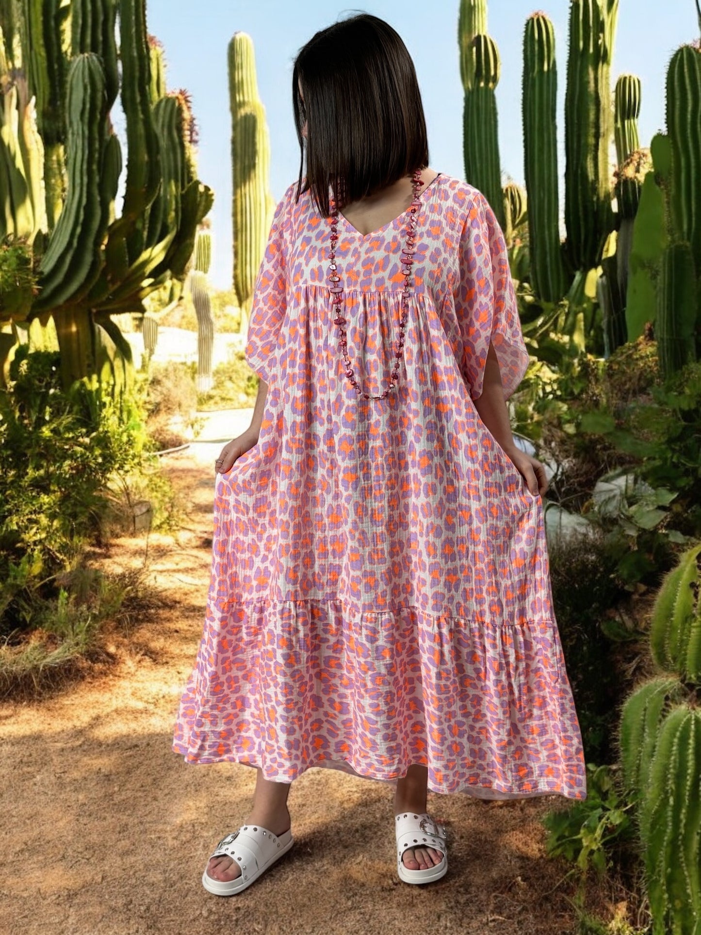 MADO - ROBE LEOPARD LILAS ORANGE BOHEME JUSQU'A LA TAILLE 56