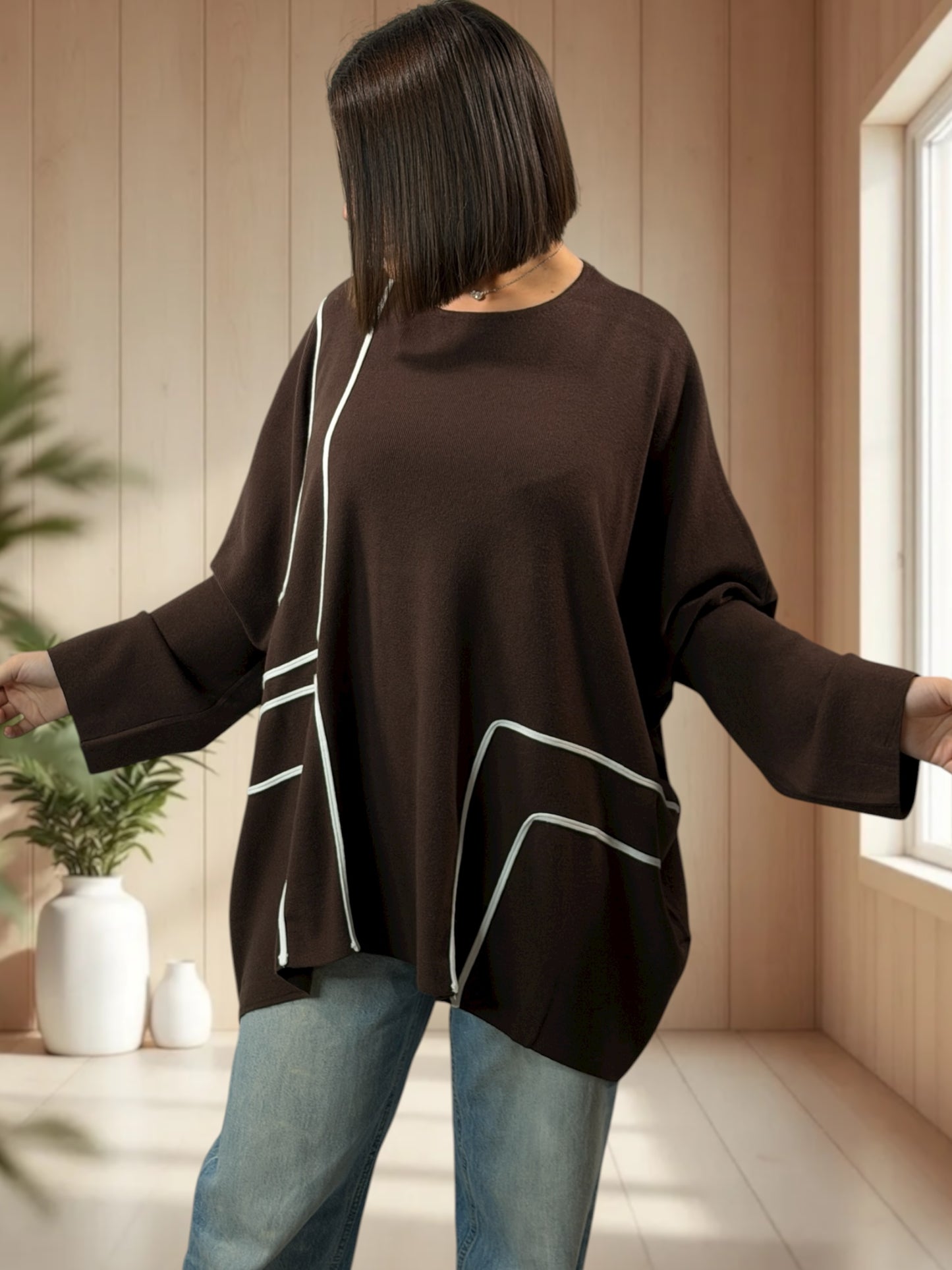 NELLY - PULL OVERSIZE MARRON JUSQU'A LA TAILLE 56