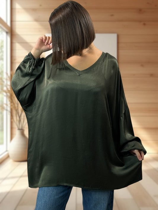 BARBARA - TUNIQUE KAKI OVERSIZE ASPECT SOIE JUSQU'A LA TAILLE 52