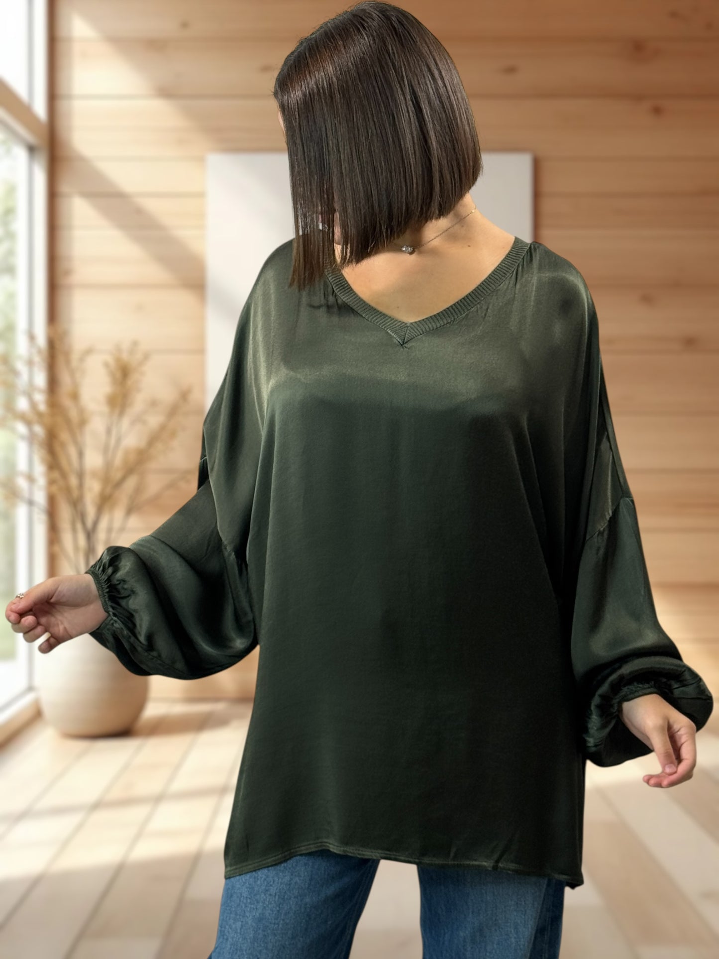 BARBARA - TUNIQUE KAKI OVERSIZE ASPECT SOIE JUSQU'A LA TAILLE 52