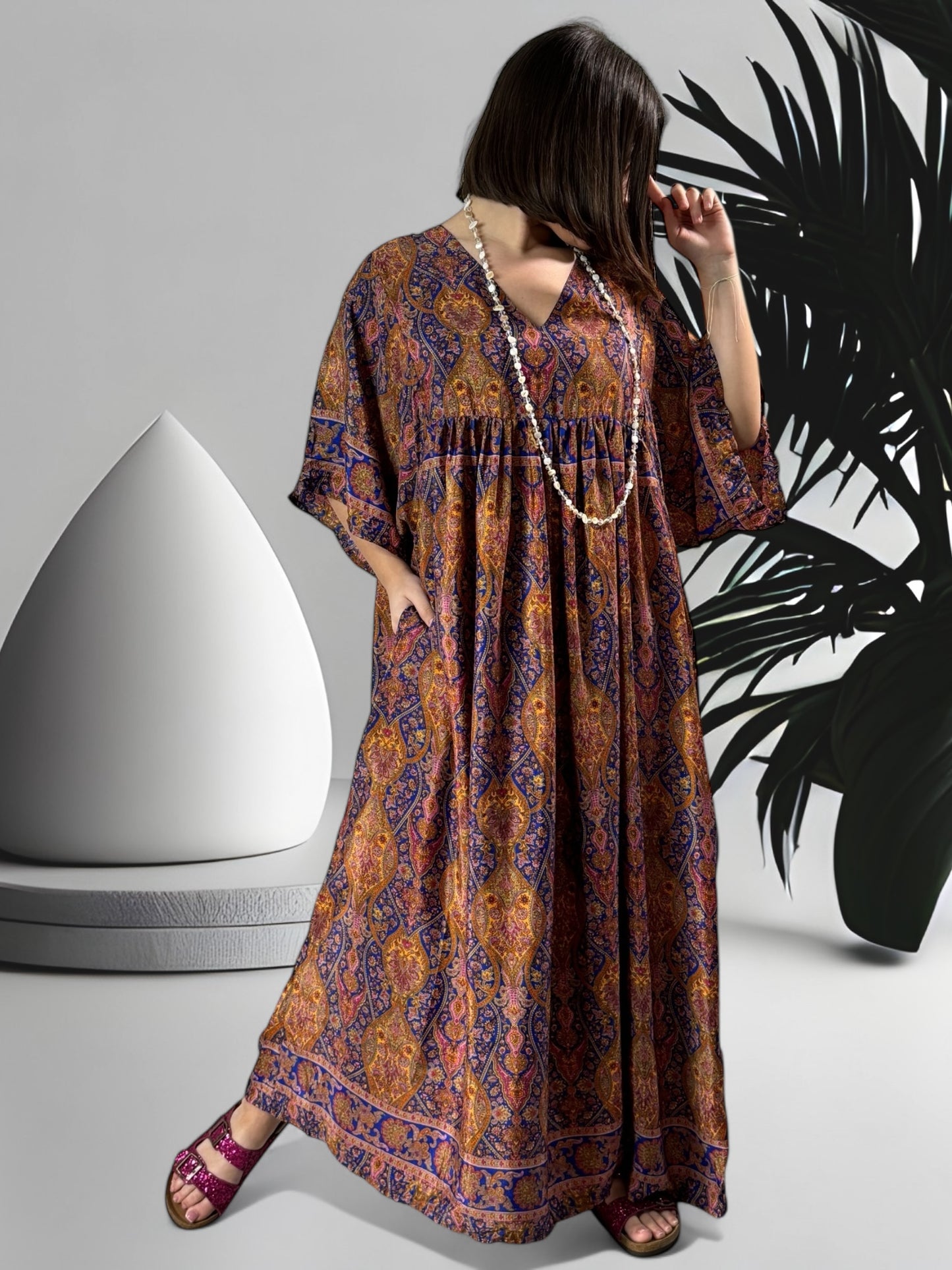 MATHILDA - ROBE LONGUE BOHEME ASPECT SOIE JUSQU'A LA TAILLE 54. REF23