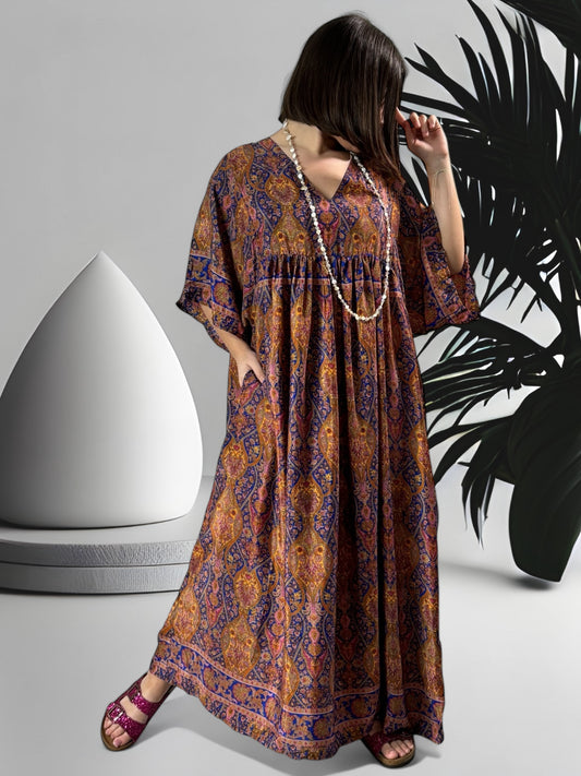 MATHILDA - ROBE LONGUE BOHEME ASPECT SOIE JUSQU'A LA TAILLE 54. REF23