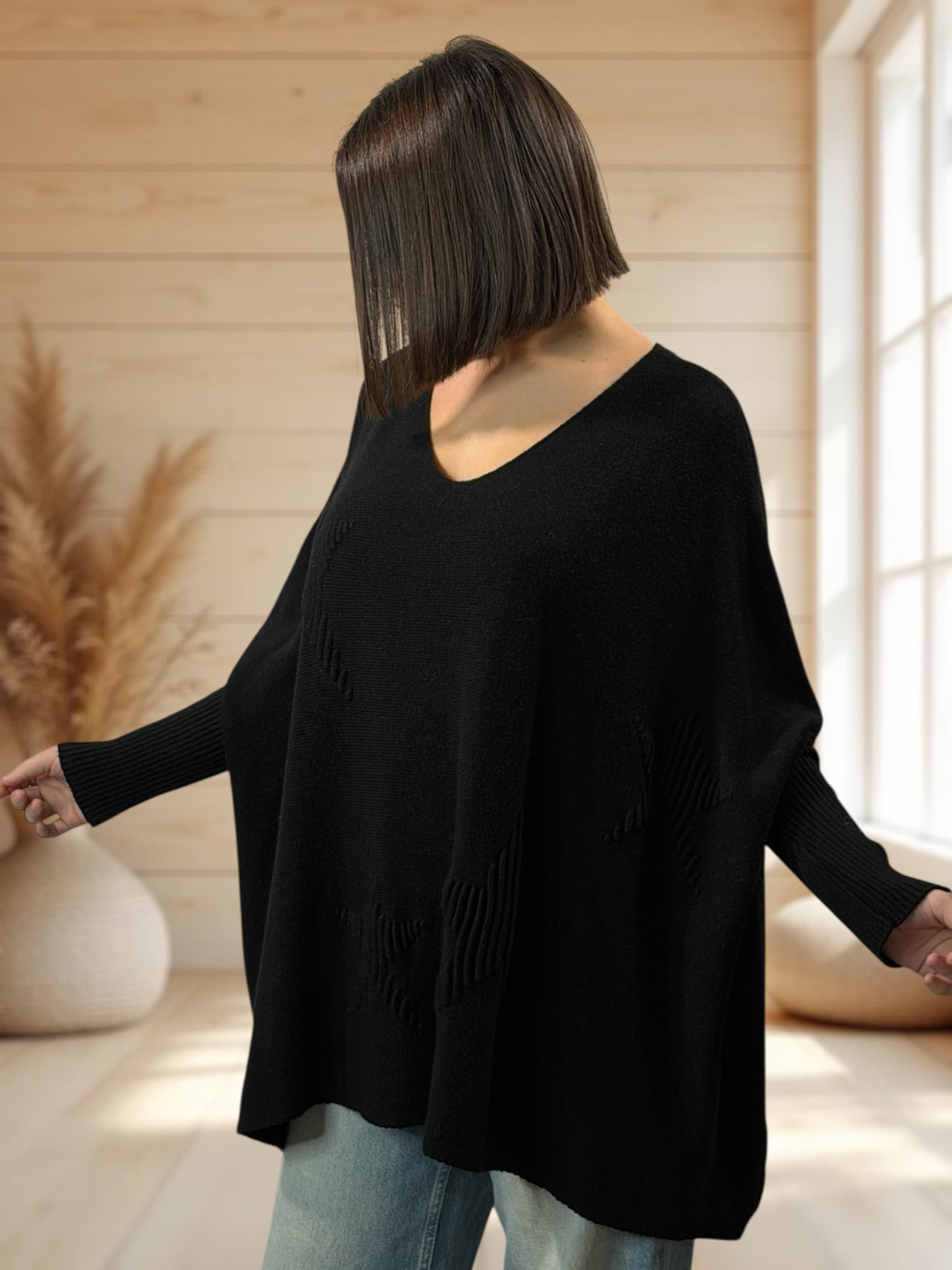 ZAZA - PULL OVERSIZE NOIR MOTIF ETOILE JUSQU'A LA TAILLE 56